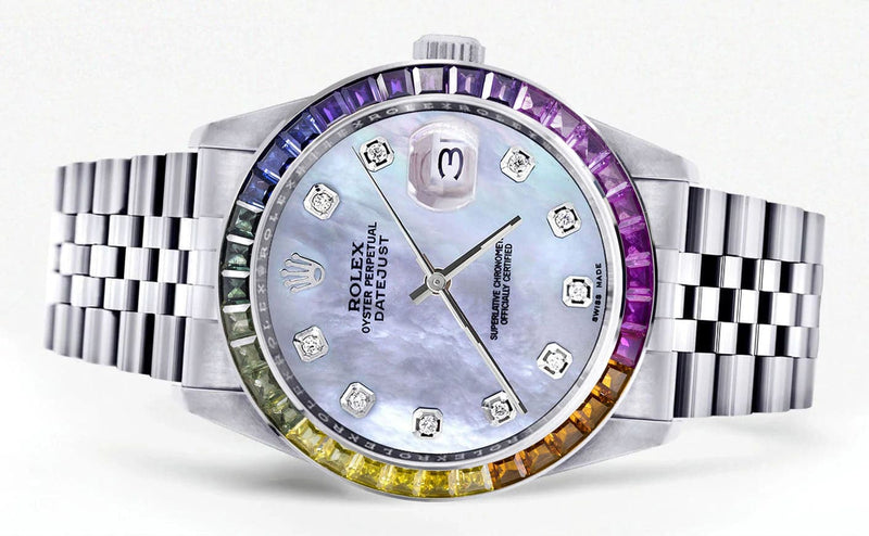 Diamond Gold Rolex Watch For Men 16200 | 36Mm | Rainbow Sapphire Bezel | Blue Mother Of Pearl Dial | Jubilee Band
