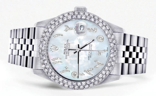 Mens Rolex Datejust Watch 16200 | 36Mm | Mother of Pearl Arabic Diamond Dial | Two Row 4.25 Carat Bezel | Jubilee Band