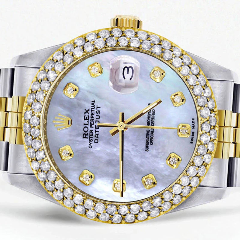 Diamond Gold Rolex Watch For Women 16233 | 36Mm | Mother of Pearl Dial | Two Row 4.25 Carat Bezel | Jubilee Band