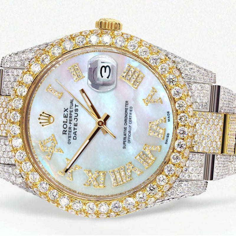 Diamond Iced Out Rolex Datejust 41 | 25 Carats Of Diamonds | Mother of Pearl Roman Numeral Dial | Two Tone | Two Row | Oyster Band