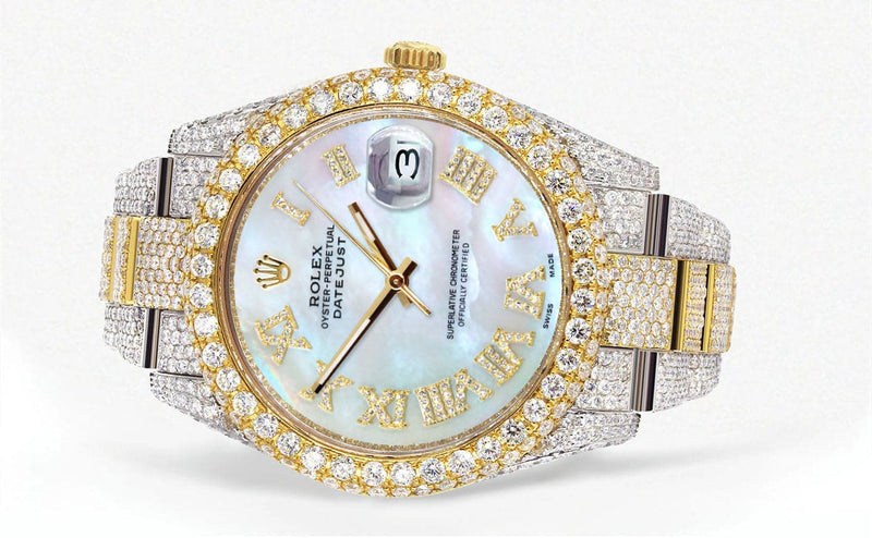 Diamond Iced Out Rolex Datejust 41 | 25 Carats Of Diamonds | Mother of Pearl Roman Numeral Dial | Two Tone | Two Row | Oyster Band