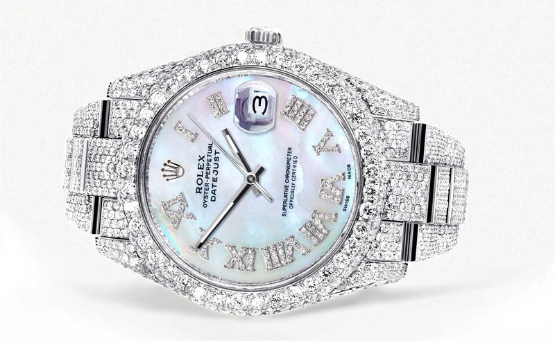 Diamond Iced Out Rolex Datejust 41 | 25 Carats Of Diamonds | Mother of Pearl Dial | Two Row | Oyster Band