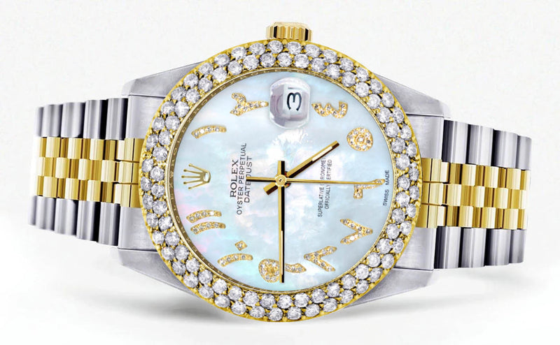 Diamond Gold Rolex Watch For Men 16233 | 36Mm | Mother of Pearl Arabic Diamond Dial | Two Row 4.25 Carat Bezel | Jubilee Band