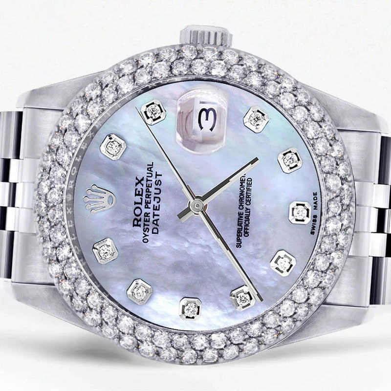 Mens Rolex Datejust Watch 16200 | 36Mm | Mother of Pearl Dial | Two Row 4.25 Carat Bezel | Jubilee Band