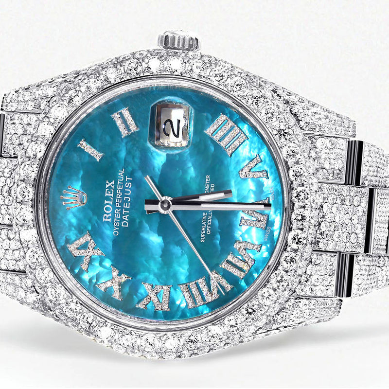 Womens Diamond Iced Out Rolex Datejust 41 | 25 Carats Of Diamonds | Aquamarine Mother of Pearl Dial | Two Row | Oyster Band