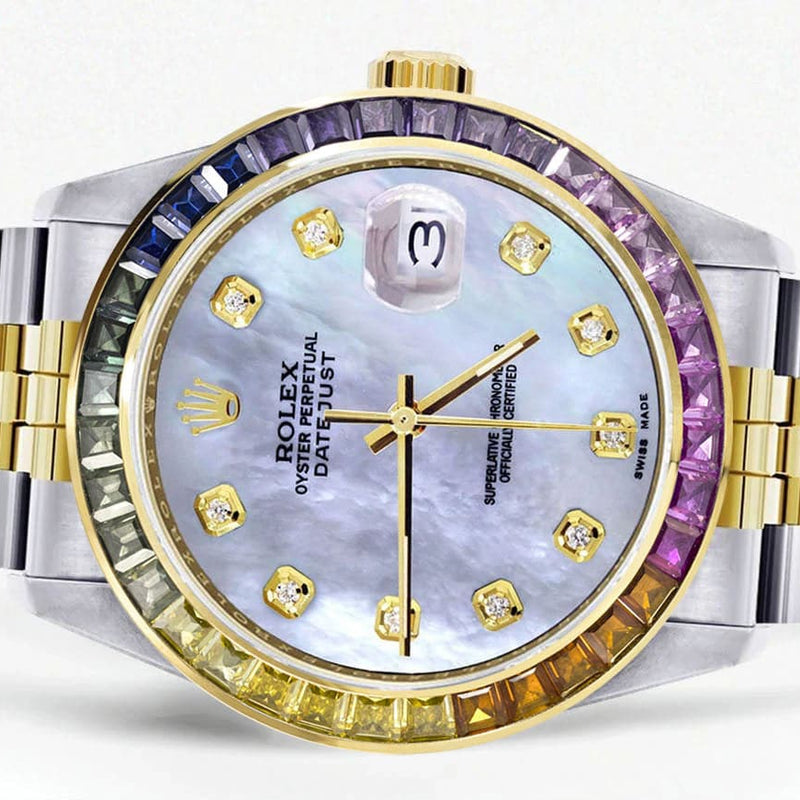 Diamond Gold Rolex Watch For Men 16233 | 36Mm | Rainbow Sapphire Bezel | Mother Of Pearl Dial | Jubilee Band