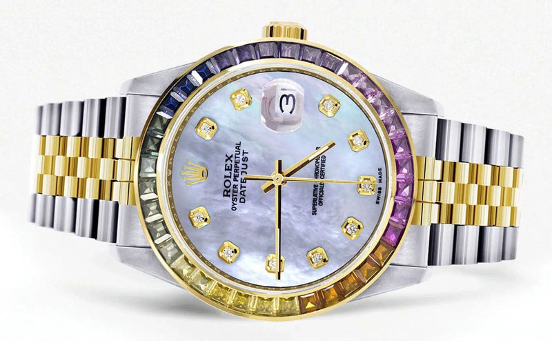 Diamond Gold Rolex Watch For Men 16233 | 36Mm | Rainbow Sapphire Bezel | Mother Of Pearl Dial | Jubilee Band