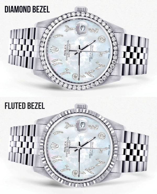 Diamond Mens Rolex Datejust Watch 16200 | 36Mm | Mother of Pearl Arabic Diamond Dial | Jubilee Band