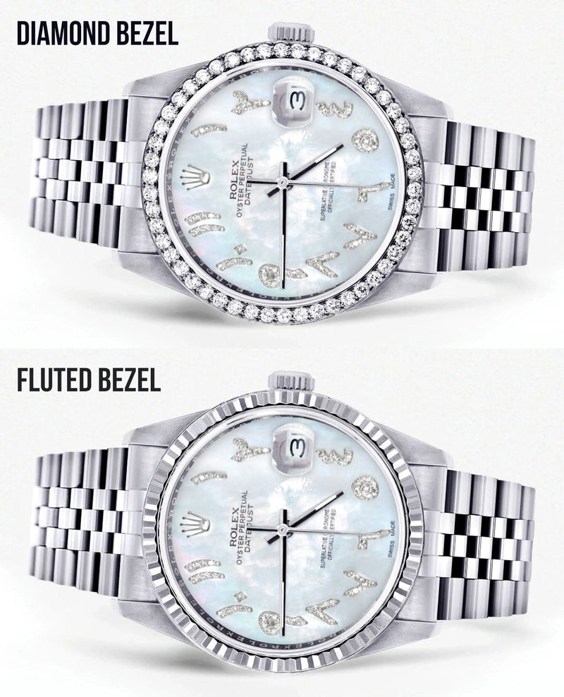 Diamond Mens Rolex Datejust Watch 16200 | 36Mm | Mother of Pearl Arabic Diamond Dial | Jubilee Band
