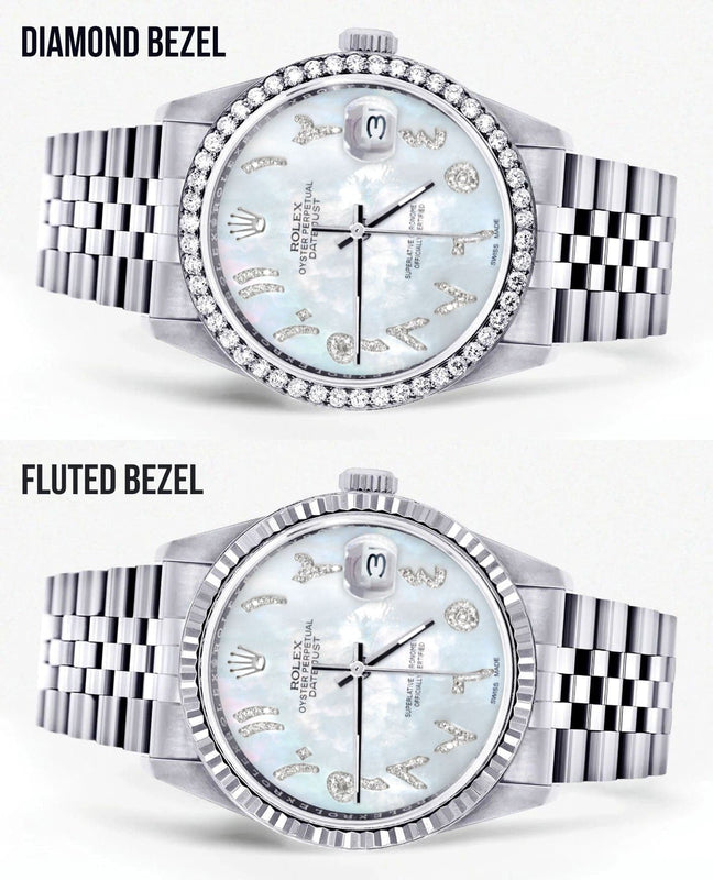 Diamond Mens Rolex Datejust Watch 16200 | 36Mm | Mother of Pearl Arabic Diamond Dial | Jubilee Band