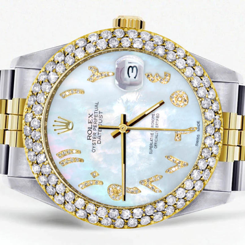 Diamond Gold Rolex Watch For Women 16233 | 36Mm | Mother of Pearl Arabic Diamond Dial | Two Row 4.25 Carat Bezel | Jubilee Band