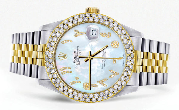 Diamond Gold Rolex Watch For Women 16233 | 36Mm | Mother of Pearl Arabic Diamond Dial | Two Row 4.25 Carat Bezel | Jubilee Band