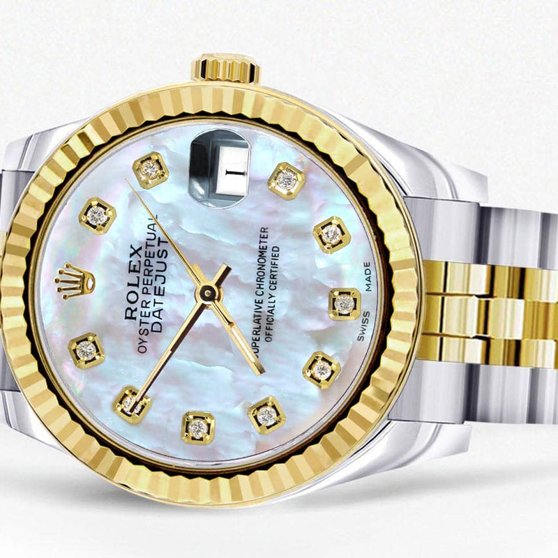 Diamond Gold Rolex Watch | 68273 | Fluted Bezel | 31MM | Mother of Pearl Diamond Dial | Jubilee Band