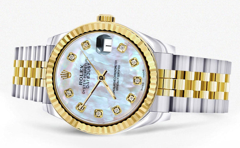Diamond Gold Rolex Watch | 68273 | Fluted Bezel | 31MM | Mother of Pearl Diamond Dial | Jubilee Band