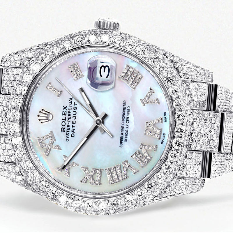 Womens Diamond Iced Out Rolex Datejust 41 | 25 Carats Of Diamonds | Mother of Pearl Dial | Two Row | Oyster Band