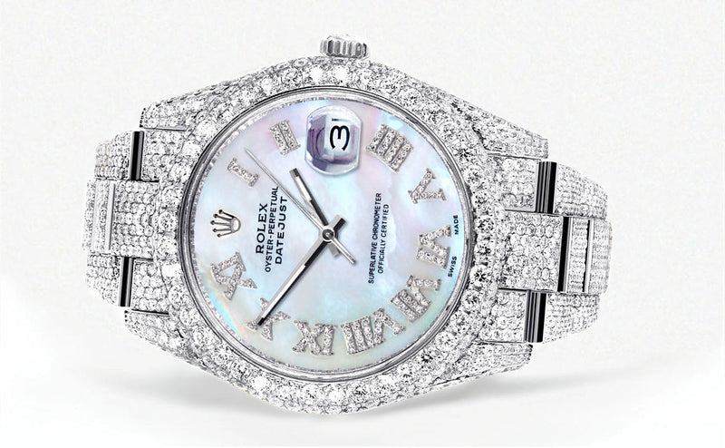 Womens Diamond Iced Out Rolex Datejust 41 | 25 Carats Of Diamonds | Mother of Pearl Dial | Two Row | Oyster Band