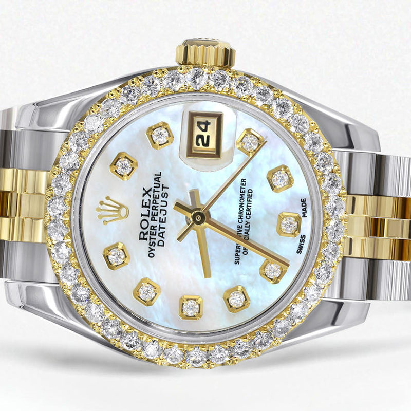 Womens Diamond Gold Hidden Clasp Rolex Watch | 1 Carat Bezel | 26Mm | Light Blue Mother of Pearl Dial | Jubilee Band | Model 179173