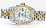 Womens Diamond Gold Hidden Clasp Rolex Watch | 1 Carat Bezel | 26Mm | Light Blue Mother of Pearl Dial | Jubilee Band | Model 179173