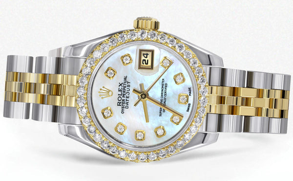 Womens Diamond Gold Hidden Clasp Rolex Watch | 1 Carat Bezel | 26Mm | Light Blue Mother of Pearl Dial | Jubilee Band | Model 179173