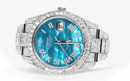 Diamond Iced Out Rolex Datejust 41 | 25 Carats Of Diamonds | Aquamarine Mother of Pearl Dial | Two Row | Oyster Band