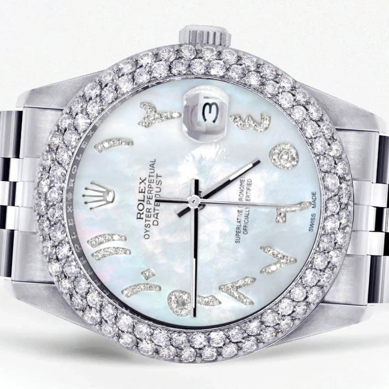 Womens Rolex Datejust Watch 16200 | 36Mm | Mother of Pearl Arabic Diamond Dial | Two Row 4.25 Carat Bezel | Jubilee Band