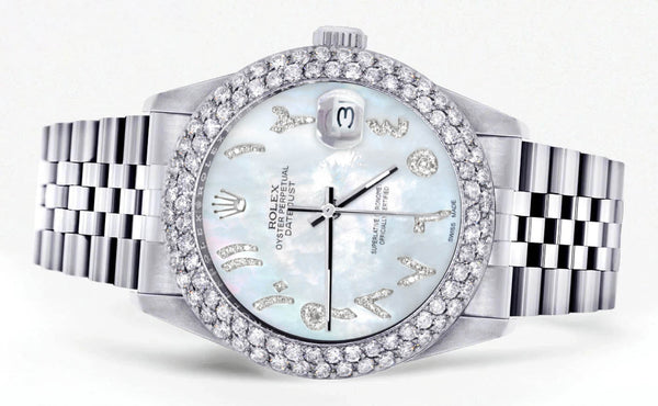 Womens Rolex Datejust Watch 16200 | 36Mm | Mother of Pearl Arabic Diamond Dial | Two Row 4.25 Carat Bezel | Jubilee Band