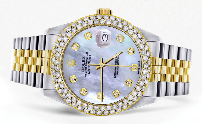 Diamond Gold Rolex Watch For Men 16233 | 36Mm | Mother of Pearl Dial | Two Row 4.25 Carat Bezel | Jubilee Band