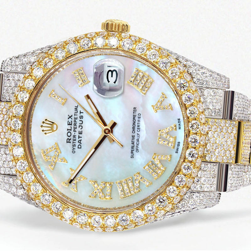 Womens Diamond Iced Out Rolex Datejust 41 | 25 Carats Of Diamonds | Mother of Pearl Roman Numeral Dial | Two Tone | Two Row | Oyster Band