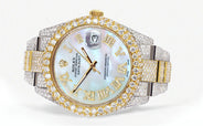 Womens Diamond Iced Out Rolex Datejust 41 | 25 Carats Of Diamonds | Mother of Pearl Roman Numeral Dial | Two Tone | Two Row | Oyster Band
