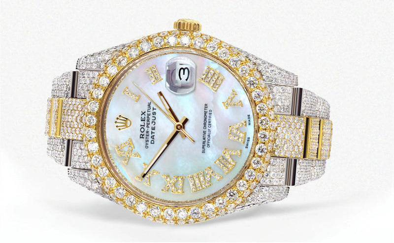 Womens Diamond Iced Out Rolex Datejust 41 | 25 Carats Of Diamonds | Mother of Pearl Roman Numeral Dial | Two Tone | Two Row | Oyster Band