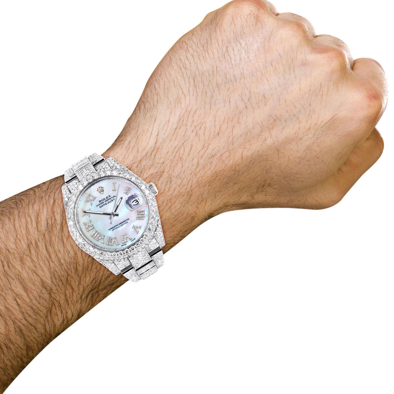 Diamond Iced Out Rolex Datejust 41 | 25 Carats Of Diamonds | Mother of Pearl Dial | Two Row | Oyster Band