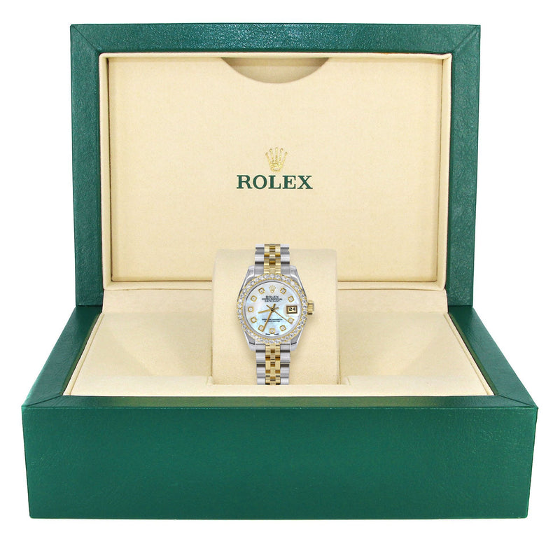 Womens Diamond Gold Hidden Clasp Rolex Watch | 1 Carat Bezel | 26Mm | Light Blue Mother of Pearl Dial | Jubilee Band | Model 179173