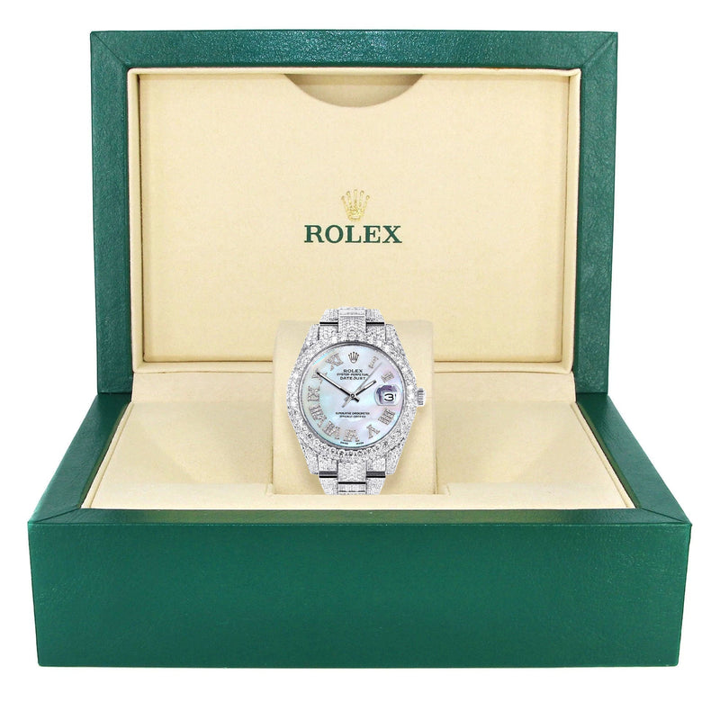 Womens Diamond Iced Out Rolex Datejust 41 | 25 Carats Of Diamonds | Mother of Pearl Dial | Two Row | Oyster Band