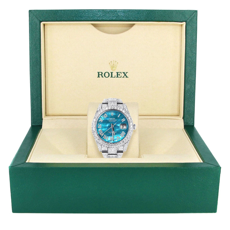 Diamond Iced Out Rolex Datejust 41 | 25 Carats Of Diamonds | Aquamarine Mother of Pearl Dial | Two Row | Oyster Band