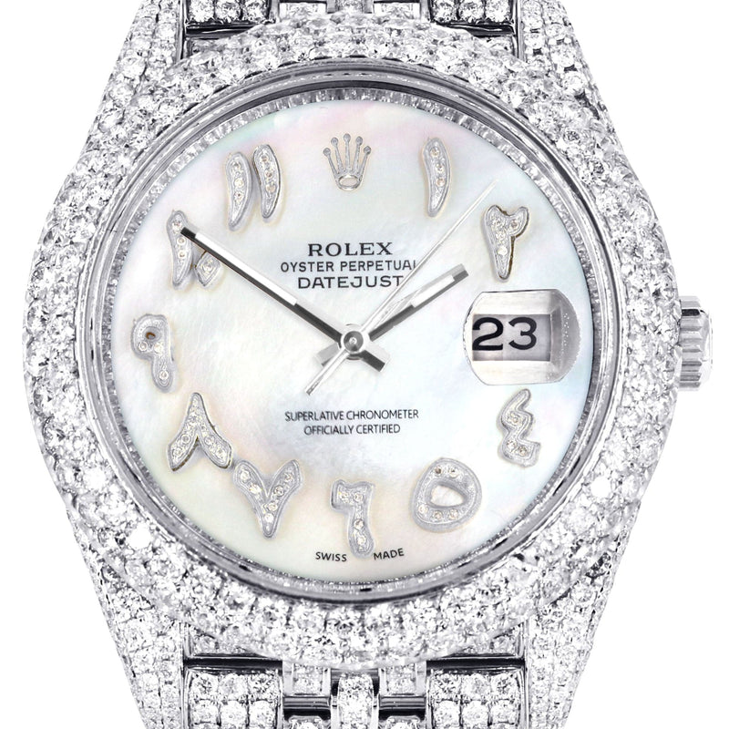 Diamond Iced Out Rolex Datejust 41 | 25 Carats Of Diamonds | Custom Mother of Pearl Arabic Numeral Diamond Dial | Two Row | Jubilee Band