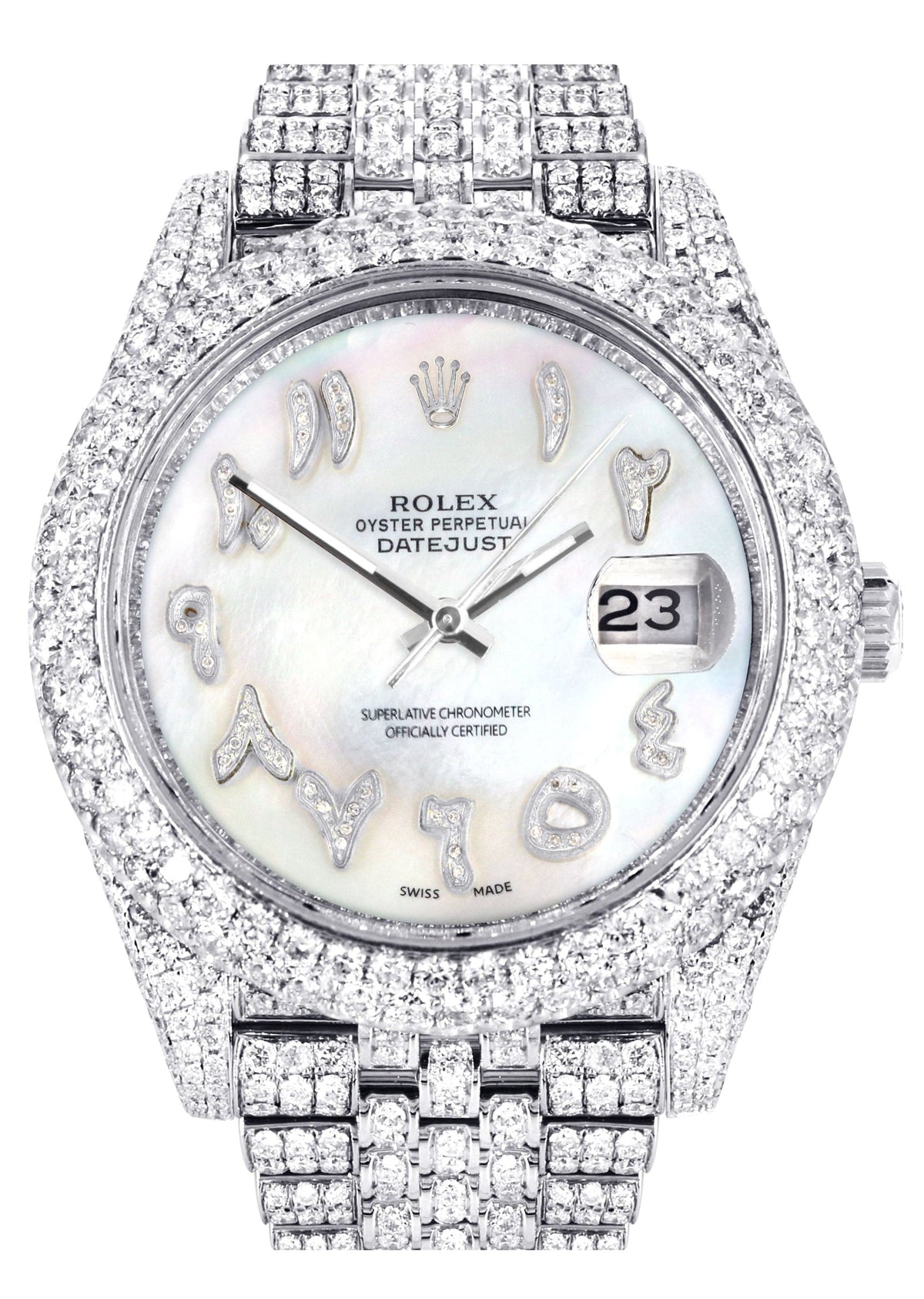 Diamond Iced Out Rolex Datejust 41 | 25 Carats Of Diamonds | Custom Mother of Pearl Arabic Numeral Diamond Dial | Two Row | Jubilee Band