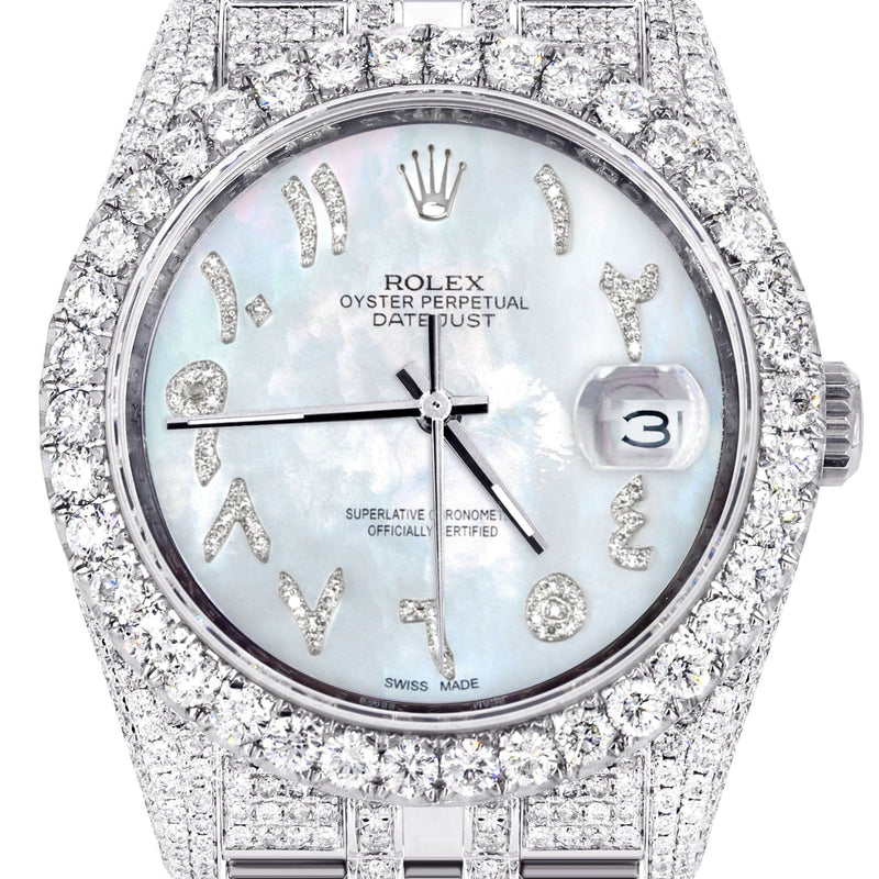Iced Out Rolex Datejust 36 MM | Stainless Steel | 16.5 Carats of Diamonds | Mother of Pearl Arabic Diamond Dial | Jubilee Band | Model 116200