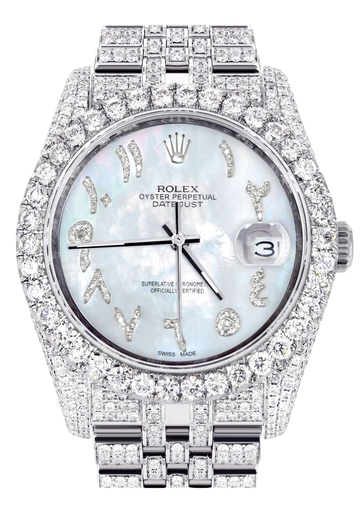 Iced Out Rolex Datejust 36 MM | Stainless Steel | 16.5 Carats of Diamonds | Mother of Pearl Arabic Diamond Dial | Jubilee Band | Model 116200