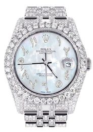 Iced Out Rolex Datejust 36 MM | Stainless Steel | 16.5 Carats of Diamonds | Mother of Pearl Arabic Diamond Dial | Jubilee Band | Model 116200