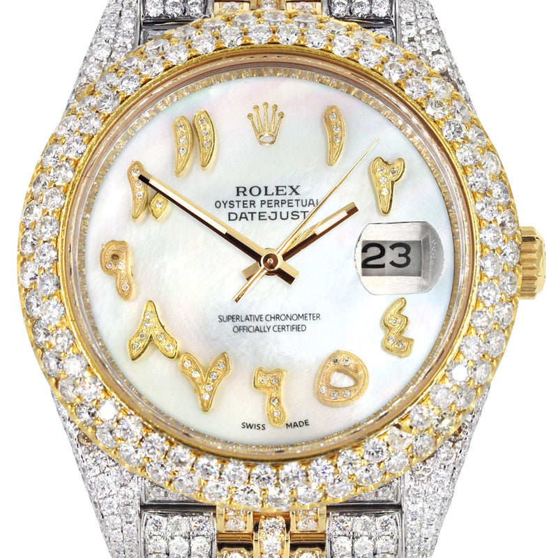 Womens Diamond Iced Out Rolex Datejust 41 | 25 Carats Of Diamonds | Custom Mother of Pearl Arabic Numeral Diamond Dial | Two Tone | Two Row | Jubilee Band