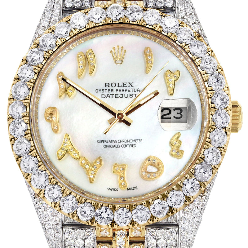 Diamond Iced Out Rolex Datejust 41 | 25 Carats Of Diamonds | Custom Mother of Pearl Arabic Numeral Diamond Dial | Two Tone | Jubilee Band