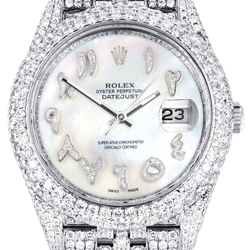 Womens Diamond Iced Out Rolex Datejust 41 | 25 Carats Of Diamonds | Custom Mother of Pearl Arabic Numeral Diamond Dial | Two Row | Jubilee Band