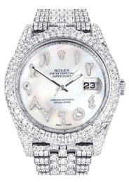Womens Diamond Iced Out Rolex Datejust 41 | 25 Carats Of Diamonds | Custom Mother of Pearl Arabic Numeral Diamond Dial | Two Row | Jubilee Band