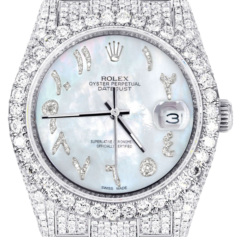 Iced Out Rolex Datejust 36 MM | Stainless Steel | 16.5 Carats of Diamonds | Light Mother of Pearl Arabic Diamond Dial | Oyster Band | Model 116200