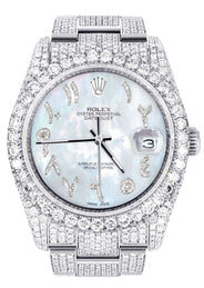 Iced Out Rolex Datejust 36 MM | Stainless Steel | 16.5 Carats of Diamonds | Light Mother of Pearl Arabic Diamond Dial | Oyster Band | Model 116200