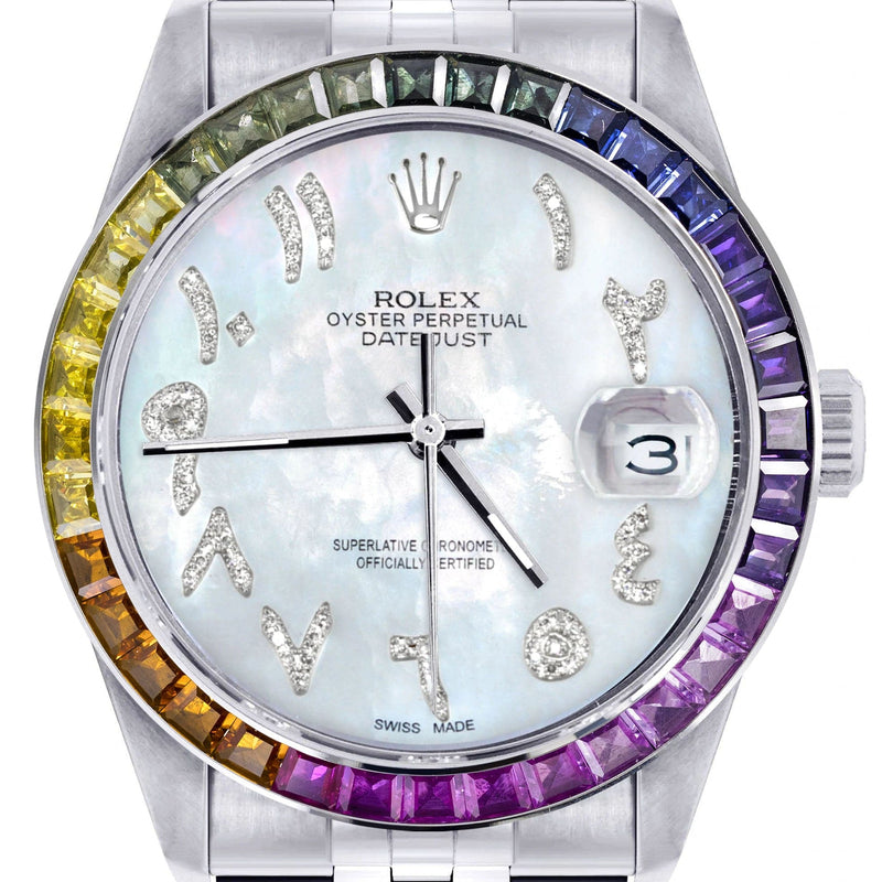 Diamond Gold Rolex Watch For Men 16200 | 36Mm | Rainbow Sapphire Bezel | Mother Of Pearl Arabic Numeral Dial | Jubilee Band