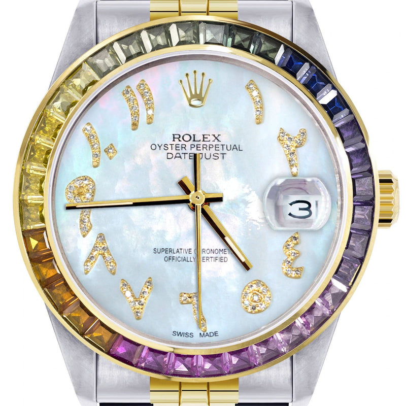 Diamond Gold Rolex Watch For Men 16233 | 36Mm | Rainbow Sapphire Bezel | Diamond Mother Of Pearl Arabic Numeral Dial | Jubilee Band
