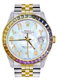 Diamond Gold Rolex Watch For Men 16233 | 36Mm | Rainbow Sapphire Bezel | Diamond Mother Of Pearl Arabic Numeral Dial | Jubilee Band