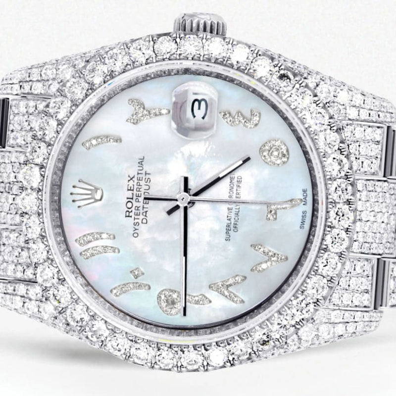 Iced Out Rolex Datejust 36 MM | Stainless Steel | 16.5 Carats of Diamonds | Light Mother of Pearl Arabic Diamond Dial | Oyster Band | Model 116200