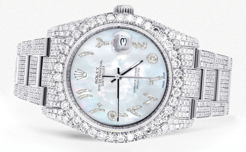 Iced Out Rolex Datejust 36 MM | Stainless Steel | 16.5 Carats of Diamonds | Light Mother of Pearl Arabic Diamond Dial | Oyster Band | Model 116200